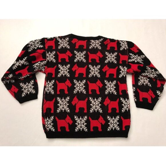 Vintage 1980s Scottie Dog Snowflake Knit Sweater Ladies SMALL Black Red - Picture 2 of 4